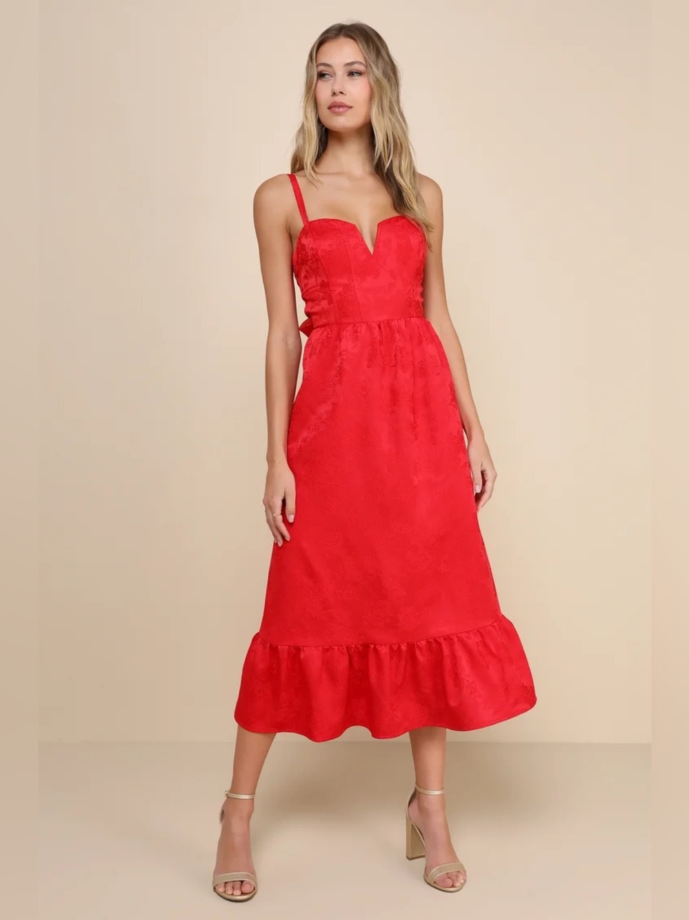 Lulus Major Perfection Red Floral Jacquard Midi Dress with Pockets